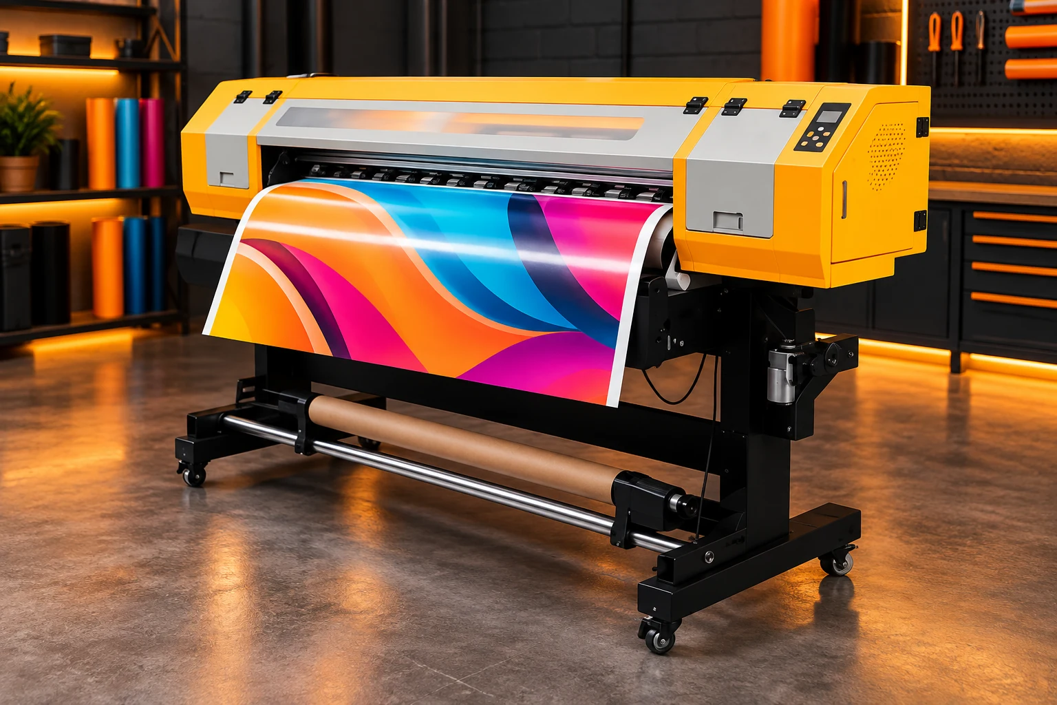 Imagem ilustrativa de plotter compacta imprimindo adesivo colorido